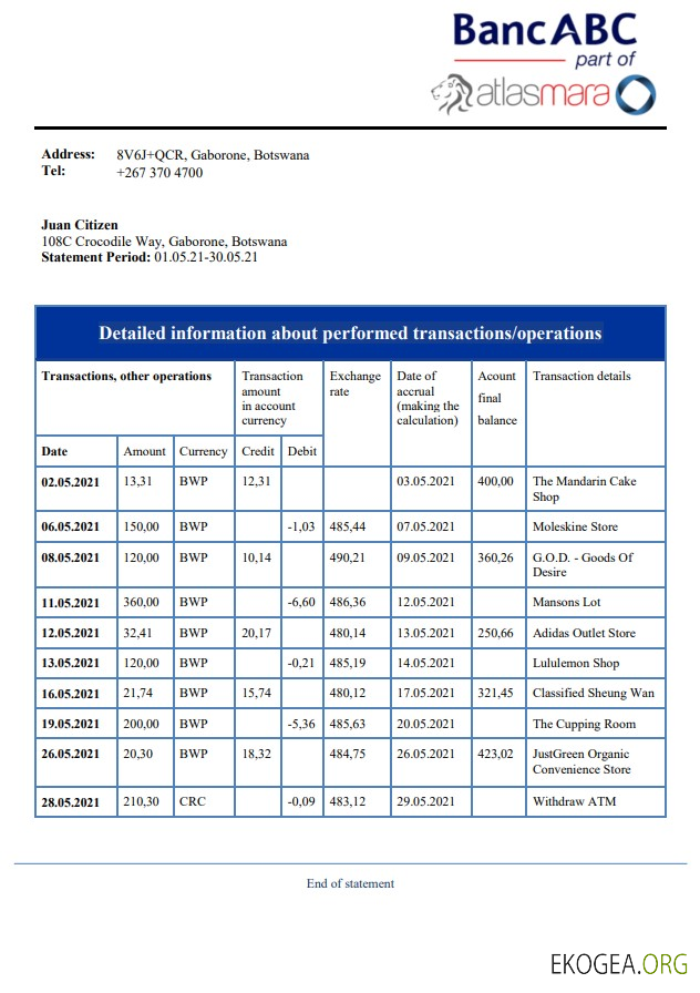 Relevé bancaire ABC de la Botswana Bank template Relevé bancaire ABC de la Botswana Bank template